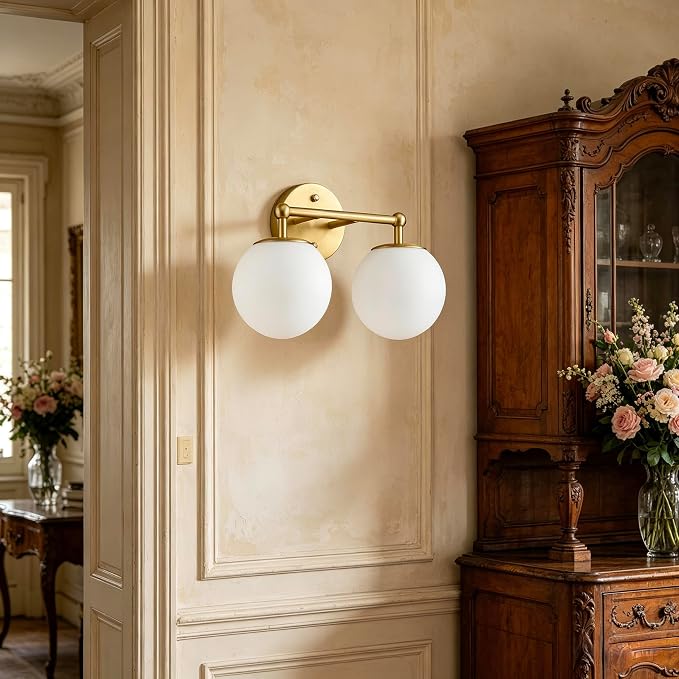 AKEZON Gold Bathroom Light Fixtures, 2-Light Vanity Lights Over Mirror Wall - Image 2