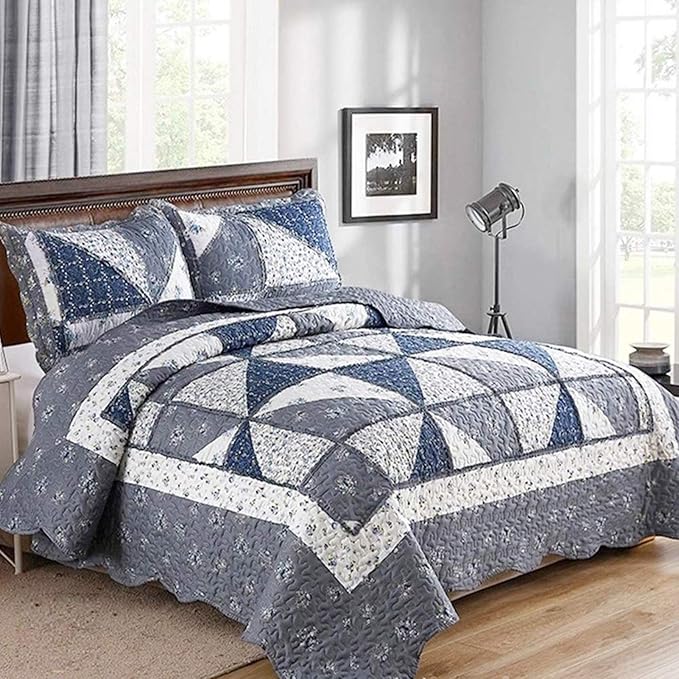 Full Queen Size Patchwork Quilt Set Grey Floral Reversible Quilted Bedspread - Image 9