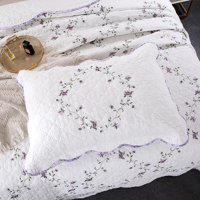 Quilt Set Purple Floral 3D Embroidery Pattern 3 PCS 100% Cotton Reversible - Image 4
