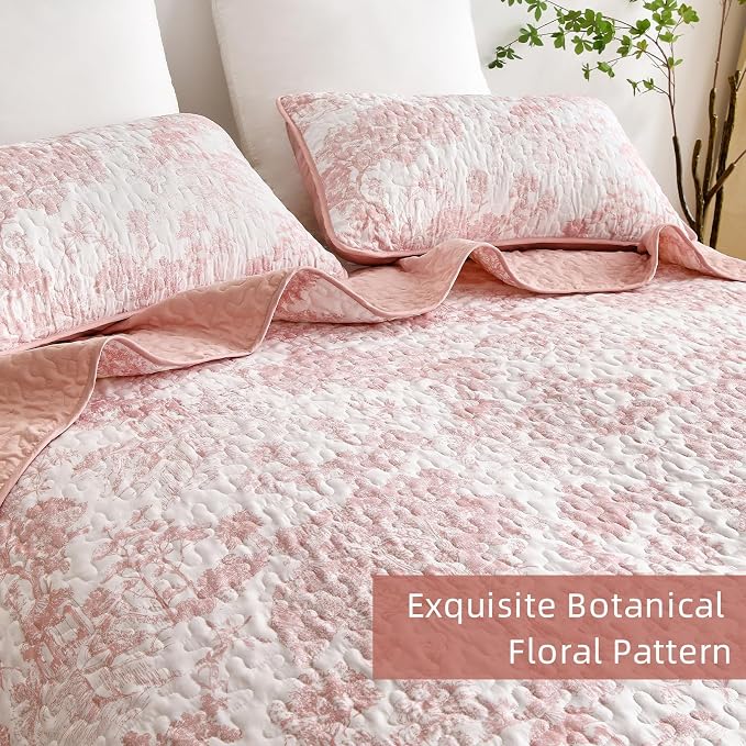 WONGS BEDDING Quilt Set King Size, 3 Pieces Pink Floral Plants Printed - Image 5