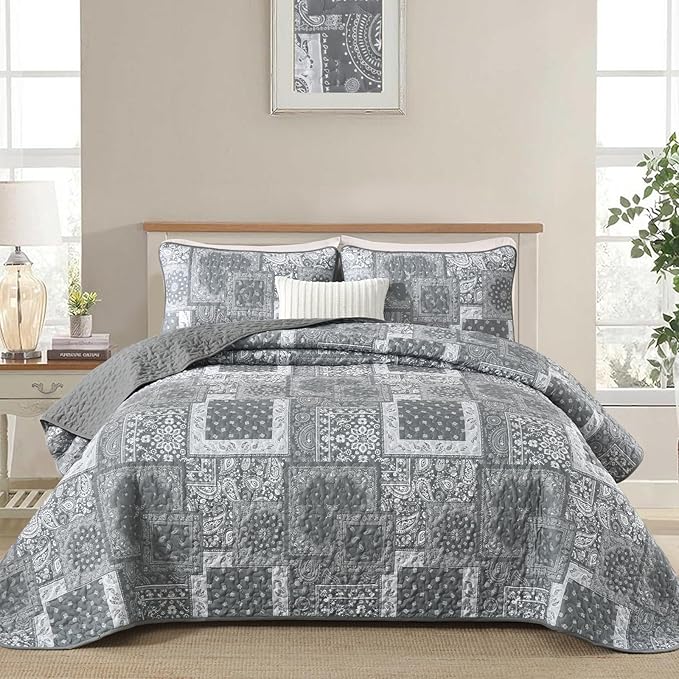 Cottolester Grey Quilt Set Queen Size, 3 Pieces Boho Patchwork Paisley Quilt Set by Cottolester
