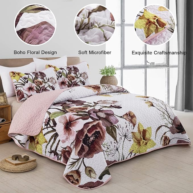 Drucon Floral Quilt Set King 3 Pieces Boho Blush Quilt Coverlet Set Soft - Image 2