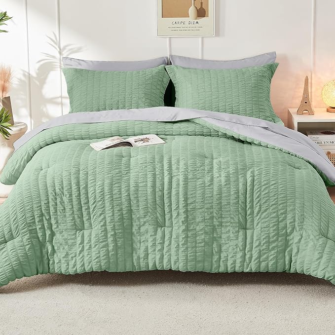 HYMOKEGE Sage Green/Light Grey Twin Comforter Set Seersucker 5 Pieces, All - Image 9