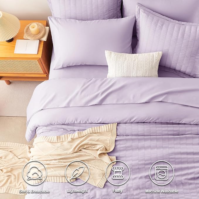 CozyLux King Size Comforter Set Light Purple Seersucker 7 Pieces Bed in a Bag - Image 2