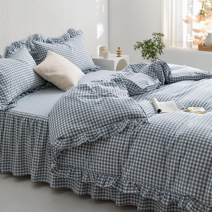 MKXI Blue and White Gingham Duvet Cover King Size, 3-Piece Bedding Set - Image 3