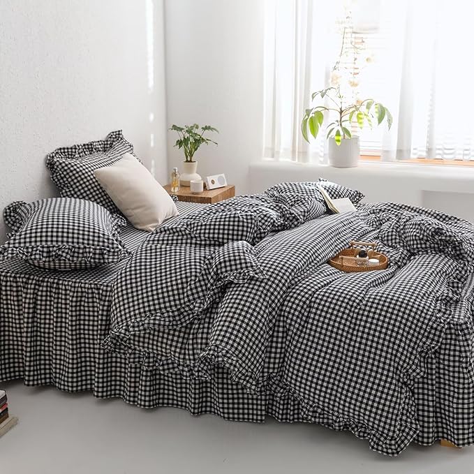 MKXI Black and White Gingham Duvet Cover King, 3-Piece Ruffled Bedding Set - Image 6