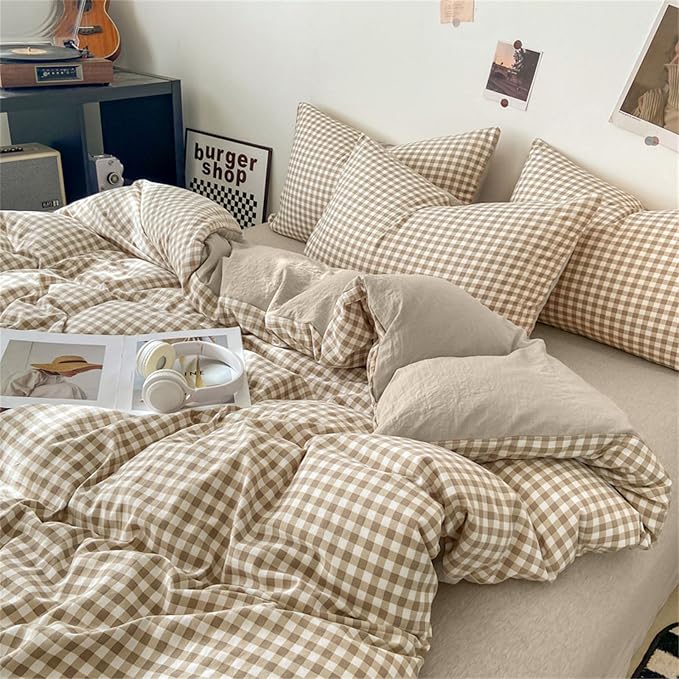 Nayoroom Gingham Duvet Cover Queen Size Brown Tan Plaid Checkered Comforter - Image 4