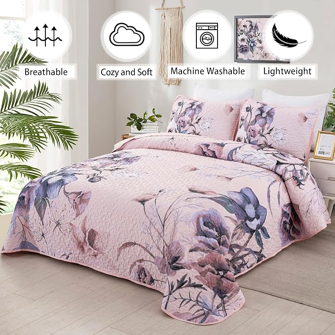 Floral Quilt Set King 3 Pieces Pink Floral Quilt Coverlet Set Soft Microfiber - Image 2
