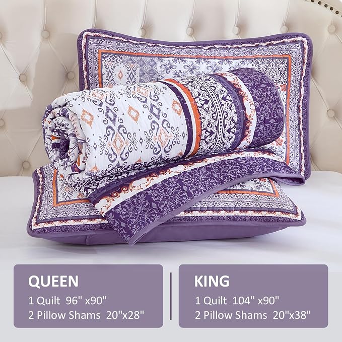 WONGS BEDDING Purle Quilt Set King Size, 3 Pieces Boho Patchwork Bedspread - Image 6
