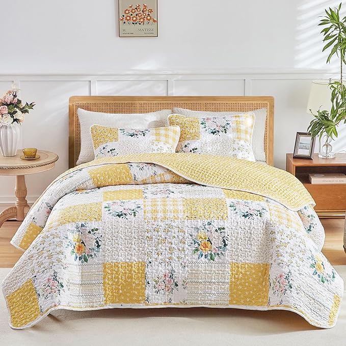 Joyreap 3 Pieces Patchwork Quilt Set California King, 102x114 inches- Yellow n by Joyreap