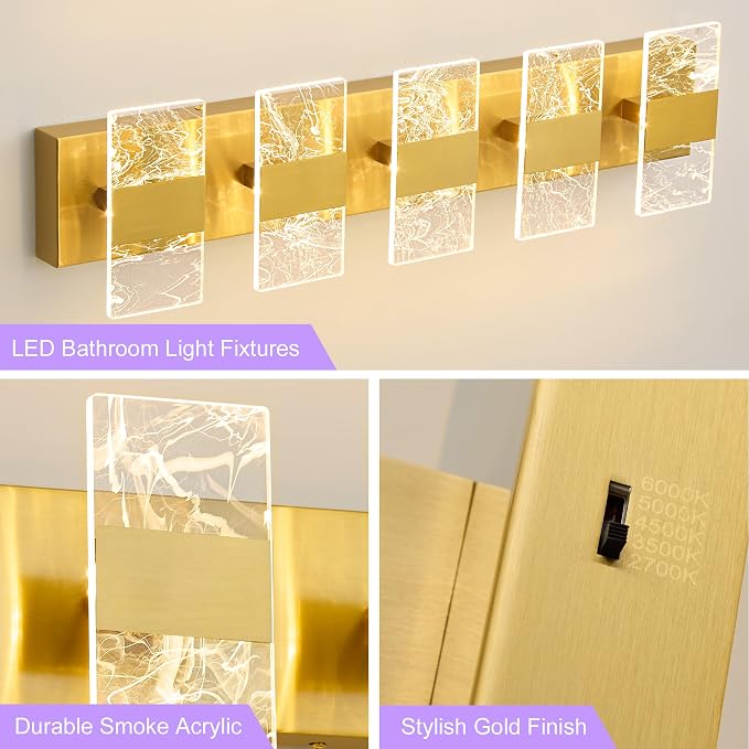 Modern LED Bathroom Light Fixtures Dimmable 5-Light Gold Vanity Light, 5CCT - Image 6