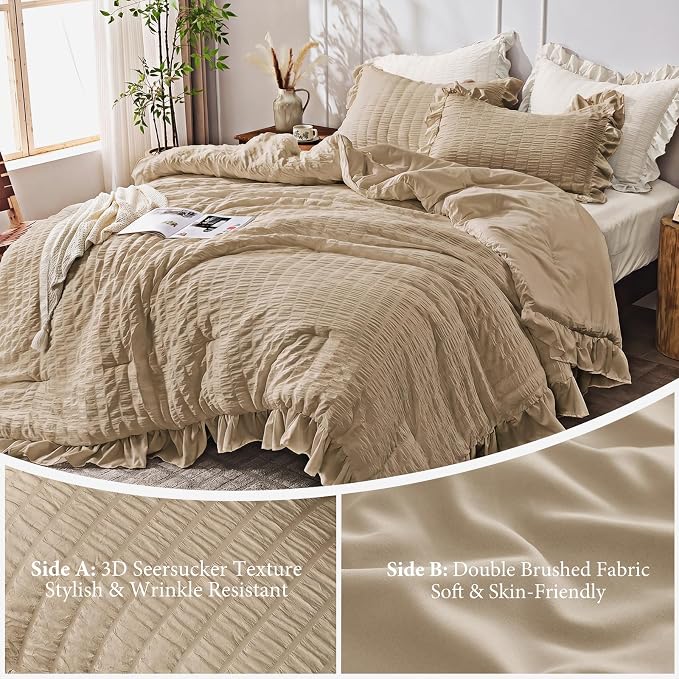 JOLLYVOGUE Twin Size Comforter Set, 2 Pieces Khaki Seersucker Lightweight - Image 4
