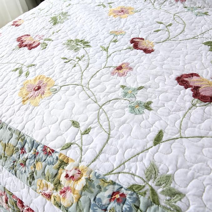 ROOMLIFE Quilt Set Full Size 3D Floral Embroidery Pattern 3-Piece Cotton - Image 6