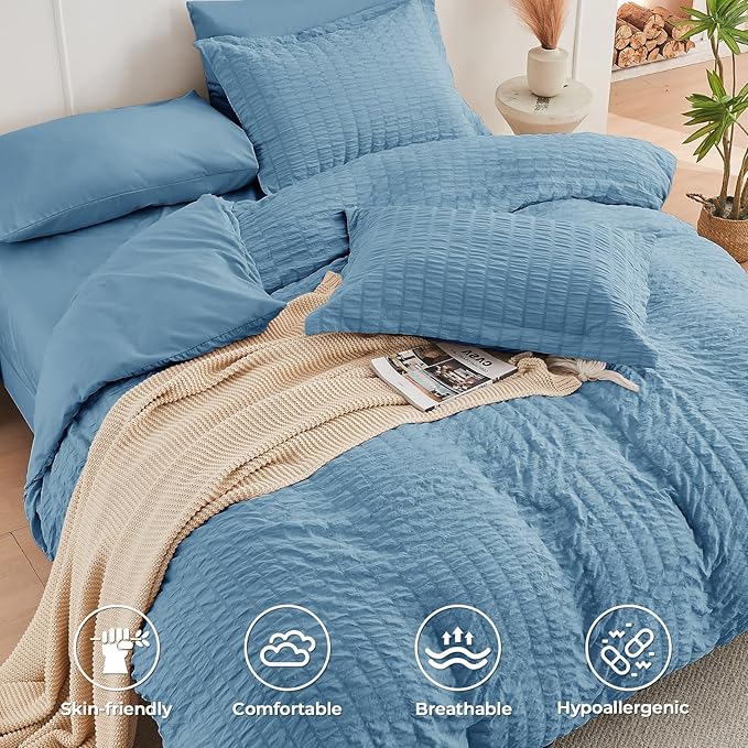 HYMOKEGE Mineral Blue Queen Comforter Set Seersucker 7 Pieces, All Season - Image 3