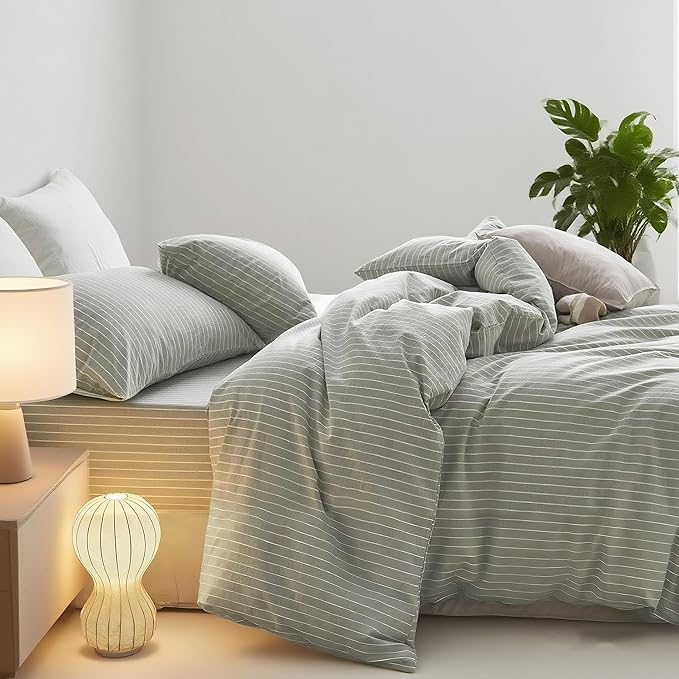 Nayoroom Green Striped Duvet Cover Queen Size 100% Washed Cotton White - Image 4