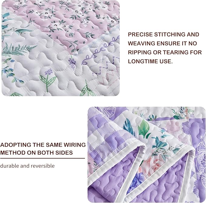 Joyreap 2 Pieces Floral Quilt Set Twin, Patchwork Purple n Pink Flowers Design - Image 4