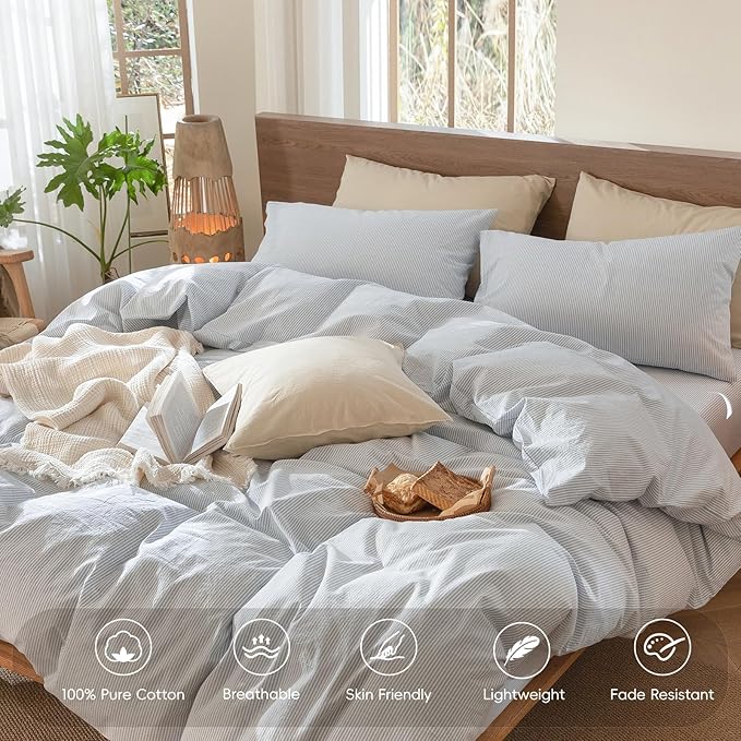 MooMee Striped Duvet Cover Set 100% Washed Cotton Linen Like Textured - Image 4