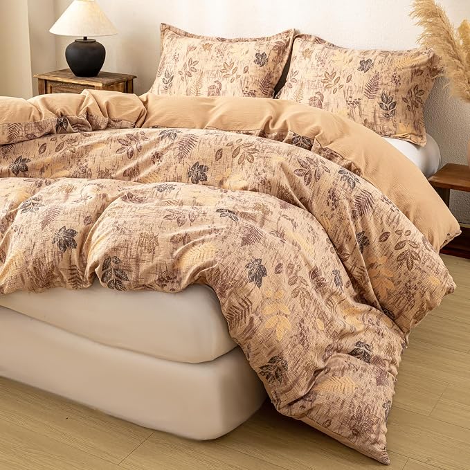 OAITE Brown Leaves Twin Size Duvet Cover-3 Pieces Prewashed Cotton-Like - Image 2