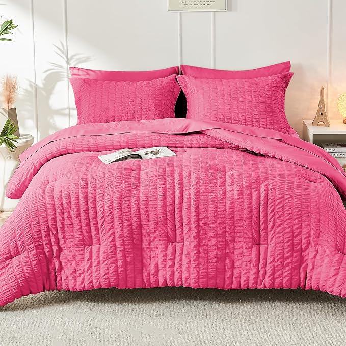 HYMOKEGE Hot Pink Twin Comforter Set Seersucker 5 Pieces, All Season Luxury Bed - Image 9