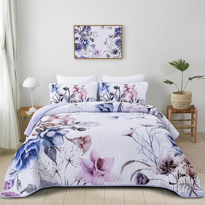 Floral Quilt Set King 3 Pieces Light Blue Floral Quilt Coverlet Set Soft by DRUCON