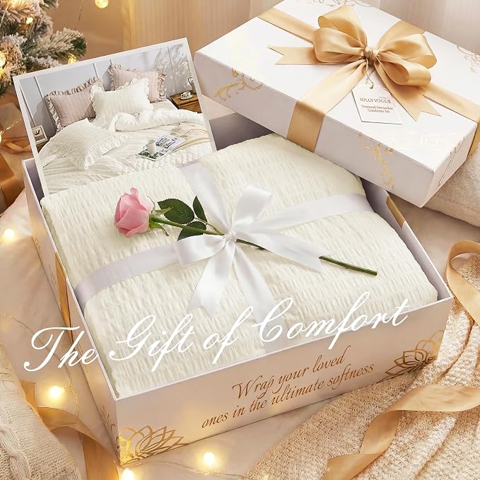 JOLLYVOGUE Ivory Twin Size Comforter Set, 2 Pieces Seersucker Lightweight - Image 9