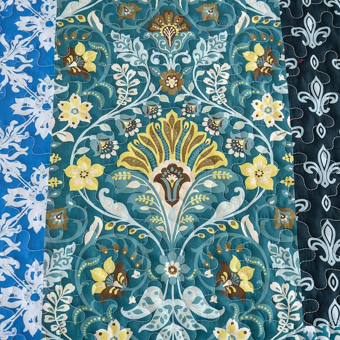 WONGS BEDDING Boho Quilt Queen, 3 Pieces Teal Patchwork Quilt Soft Coverlet - Image 5