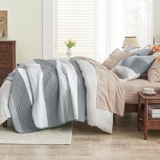 Andency Grey Striped Quilt Twin, 2 Pieces Patchwork Bedspread Coverlet Set - Image 3