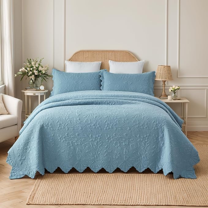 Brandream Luxury 100% Cotton Quilt Set Queen Size Blue Floral Vine Matelasse - Image 2