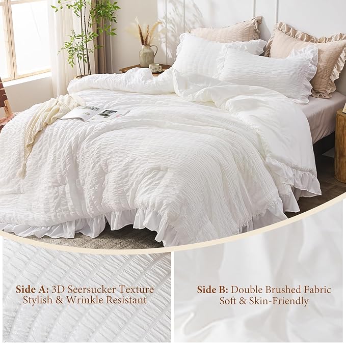 JOLLYVOGUE White Comforter Full Size, 3 Pieces Seersucker Lightweight Full Size - Image 5