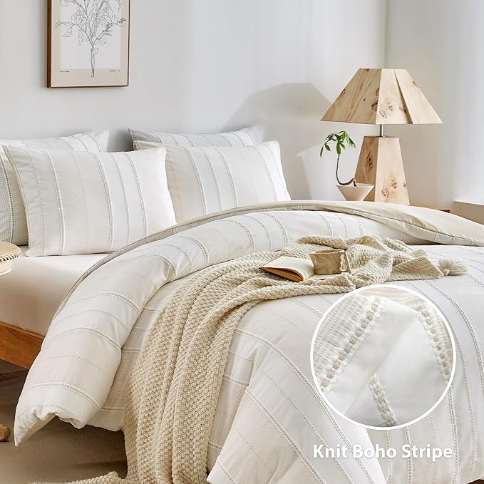 WARMDERN Khaki Striped Weave Duvet Cover Twin Size, Microfiber Textured Bedding - Image 2