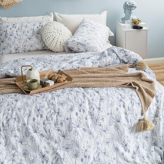 SUSYBAO Blue White Floral Duvet Cover Queen 100% Cotton 3 Pcs Set 1 Garden Navy - Image 2