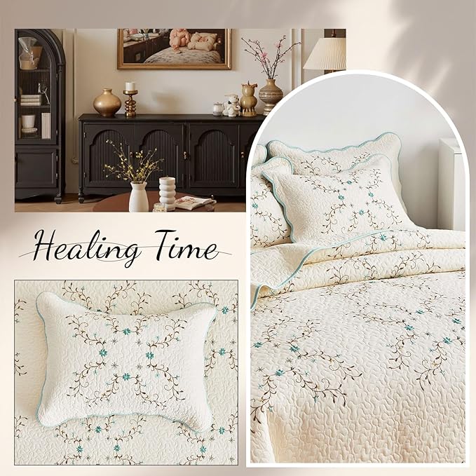 ROOMLIFE Quilt Set King Size 3D Floral Embroidery Pattern 3-Piece Cotton - Image 7