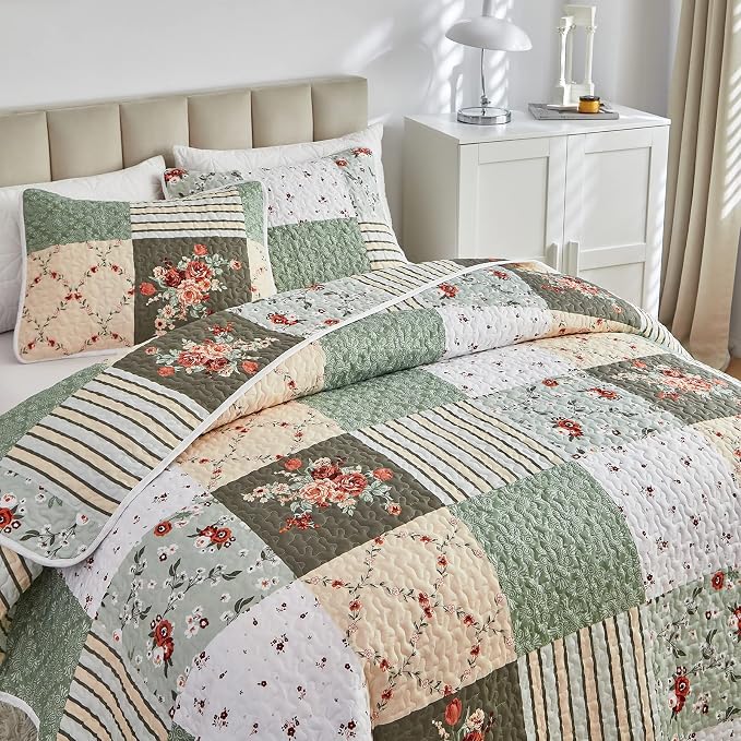 Patchwork Quilt Set California King Size, 3 Pieces Green Floral Plaid Summer - Image 4