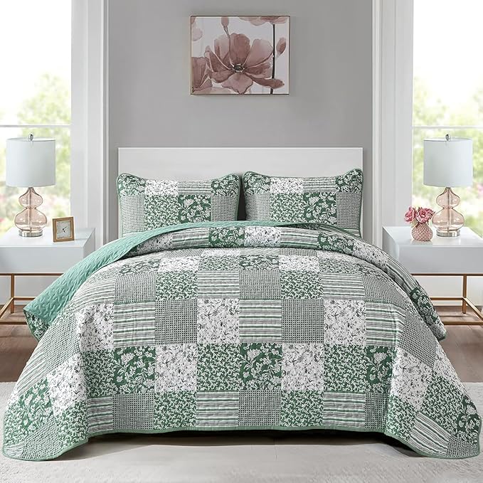Mybedsoul Green Quilt Set Full Size, 3 Pieces Plaid Floral Bedspread Set by Mybedsoul