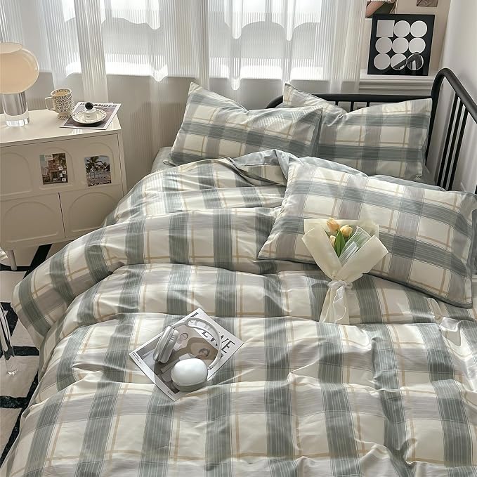mixinni Green Grid Duvet Cover Set Queen - Image 2