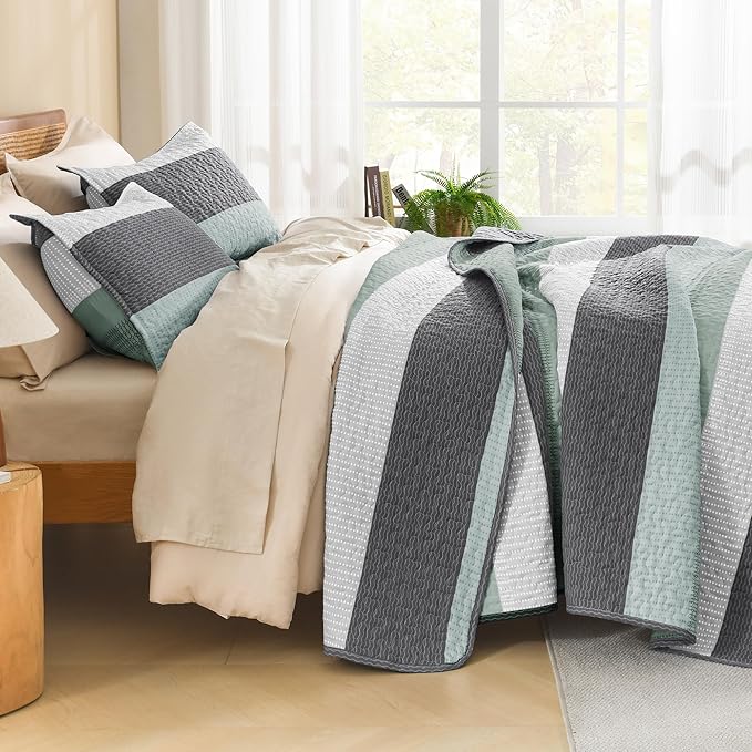 Litanika Twin Quilt Set Sage Green, 68x86 Stripe Bedspread Coverlet 2 Pieces - Image 2