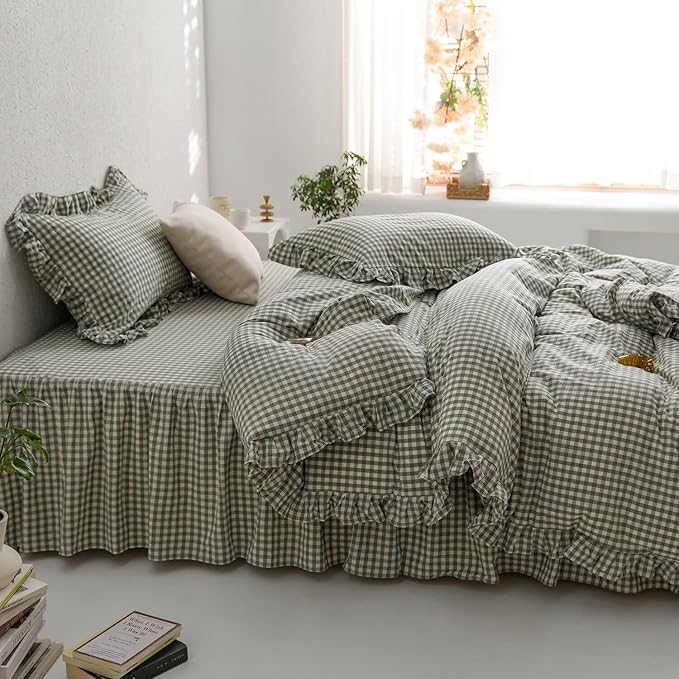 mixinni Green Gingham Ruffle Duvet Cover Full Size 3 Pieces – 100% Washed Cotton - Image 4