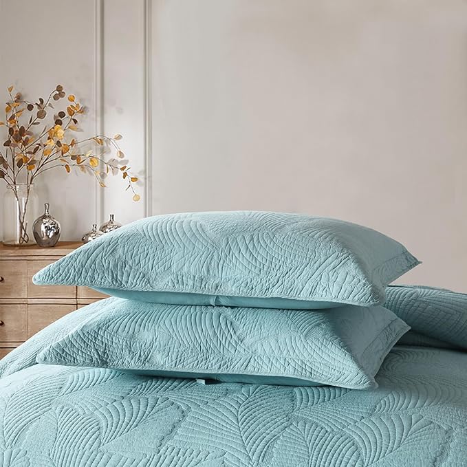 ROOMLIFE Queen Quilt Set Palm Leaves Pattern 3 PCS 100% Cotton Soft Breathable - Image 5