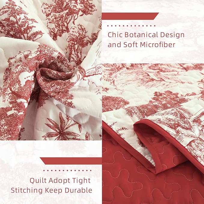 WONGS BEDDING Botanical Quilt Set King Size, Christmas Red 3 Pieces Floral - Image 5