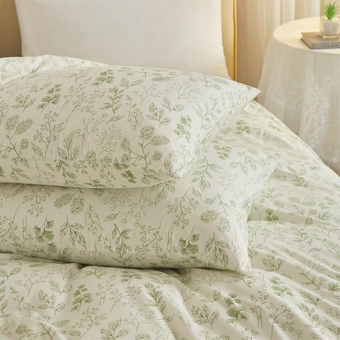 mixinni Girls Boho Green Floral Duvet Cover Set Twin Size Cotton Soft Aesthetic - Image 6