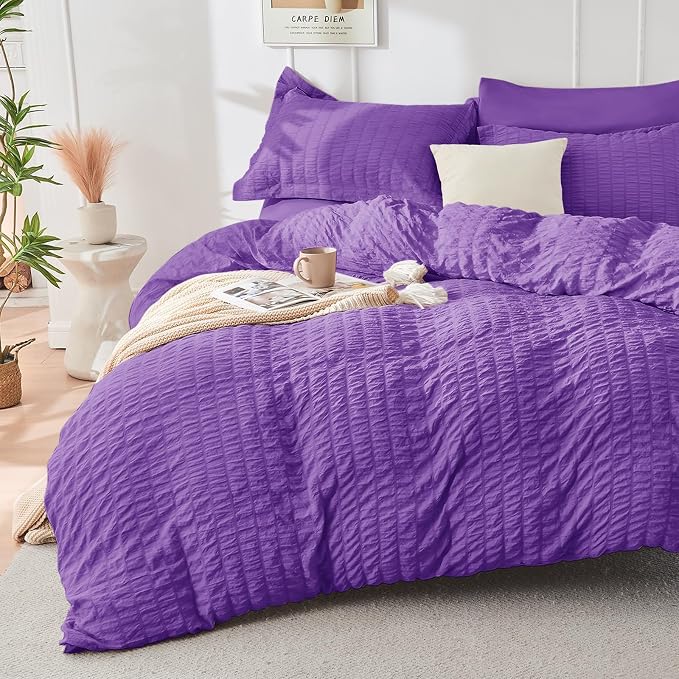 HYMOKEGE Bright Purple King Size Comforter Set Seersucker 7 Pieces, All Season - Image 2