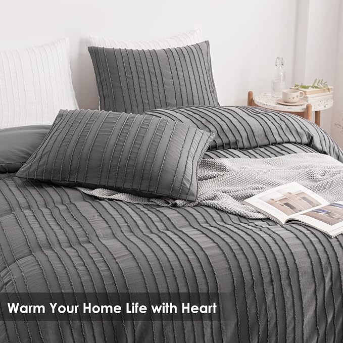 WARMDERN Gray Boho Duvet Cover Set, Striped Textured Tufted Bedding, Twin Size - Image 9