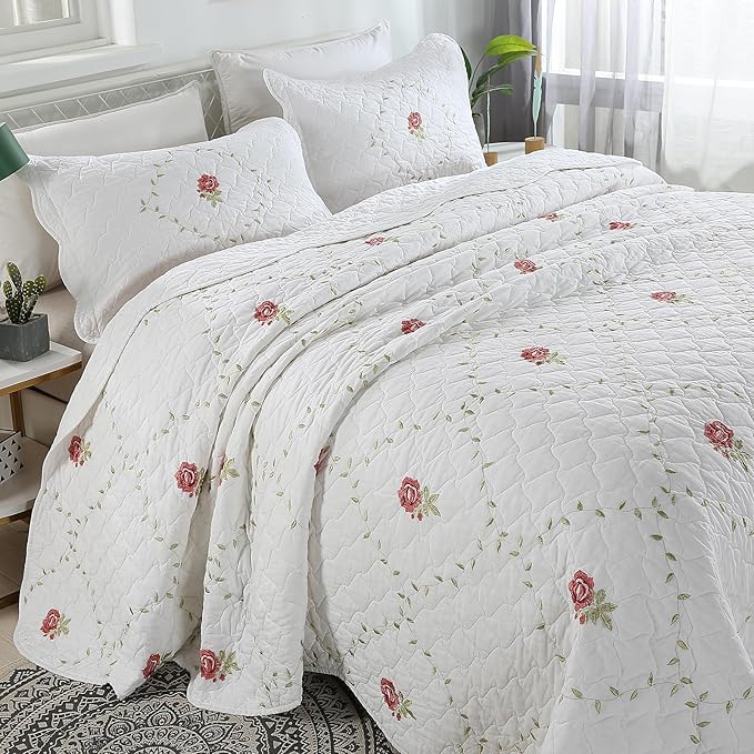 ROOMLIFE Quilt Set King Size 3D Floral Peony Embroidery Pattern 3-Piece Cotton by ROOMLIFE