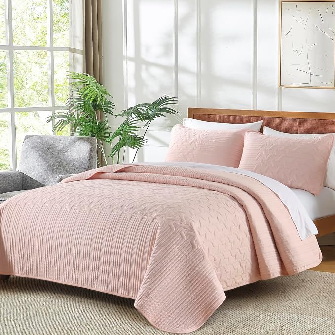 Yiran Blush Pink Quilt Set King Size, 3 Piece Reversible Bedspreads Bedding Set - Image 3
