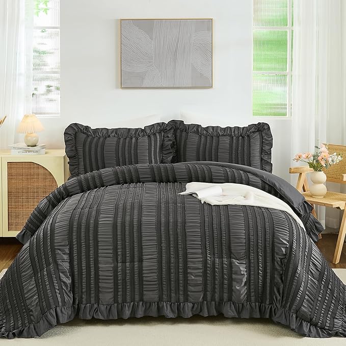 WONGS BEDDING Queen Comforter Set, Dark Grey Boho Comforter Set Queen, Shabby by WONGSBEDDING