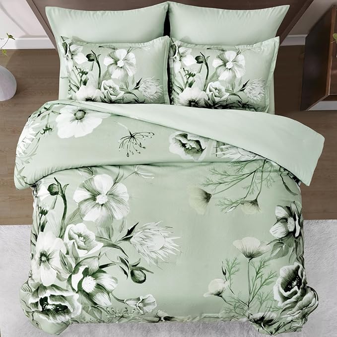 Luxudecor Floral Comforter Set Queen Size 7 Piece, Sage Green Flower Bed in a - Image 2