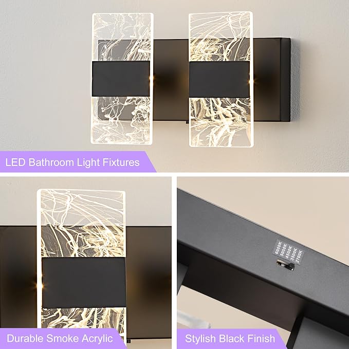 Modern LED Bathroom Light Fixtures Dimmable 2-Light Black Vanity Light - Image 6