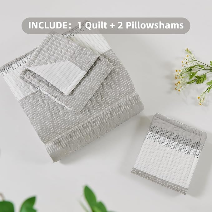 Andency Queen Quilt Bedding Set Linen Grey, 3 Pieces Patchwork Summer Striped - Image 8