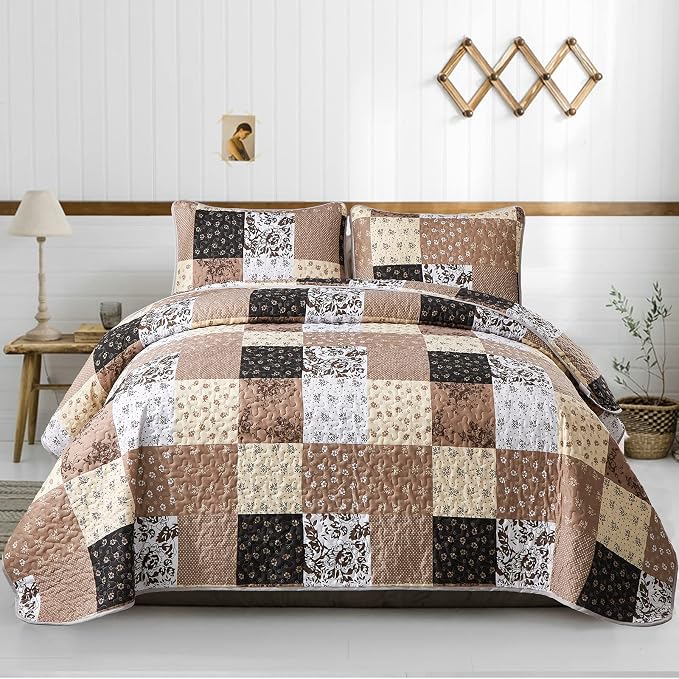 Mybedsoul Brown Patchwork Quilt Set California King Size, 3 Pieces Khaki Floral by Mybedsoul