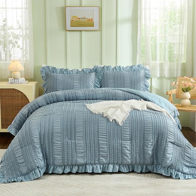 WONGS BEDDING Blue Comforter Set King, 3 Pieces Ruffle Farmhouse Shabby Chic - Image 3